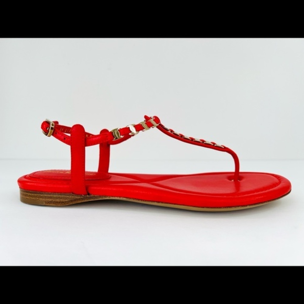 Salvatore Ferragamo Tahiti Embellished Coral Leather Thong Logo Flat Sandals 7.5